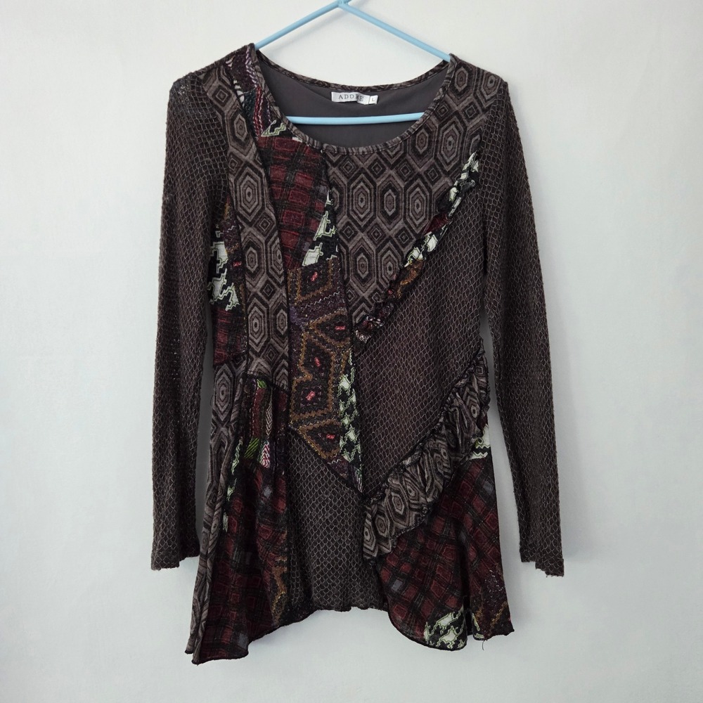 Adore Tunic Top Brown Patchwork Mixed Print Boho Women Large
